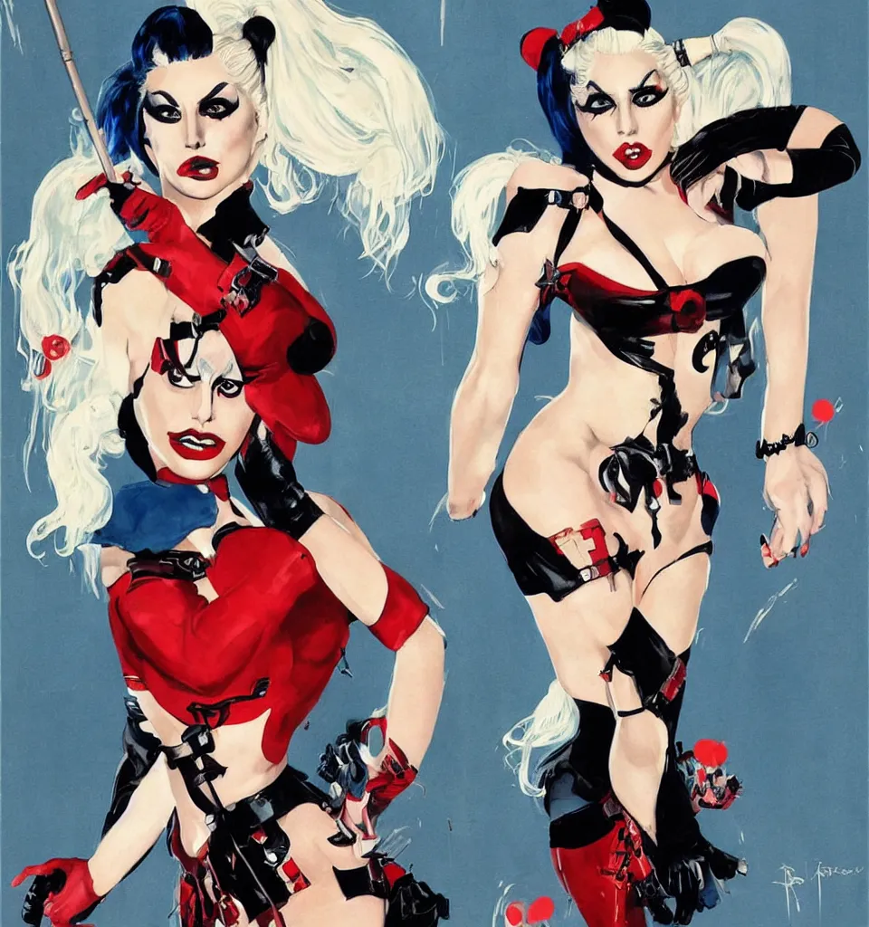 Image similar to a beautiful pinup art of lady gaga dressed up as harley quinn, single full body portrait poster, by robert mcginnis