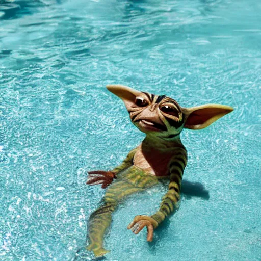 Image similar to striped gremlin swimming in a pool in the desert