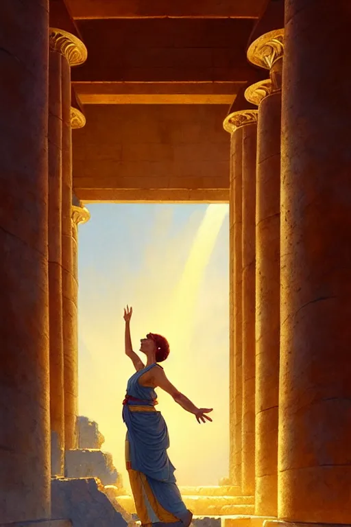 Image similar to high detail portrait, screaming woman wearing ancient greek yellow paper tunic, hands in air, stephen bliss, fantasy art by greg rutkowski, rhads, ferdinand knab, makoto shinkai and lois van baarle, global illumination, radiant light, ancient greek temple ruins, red and blue color theme