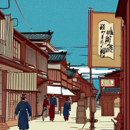 Prompt: street of american Western Town with Edo Period Japan design; digital art