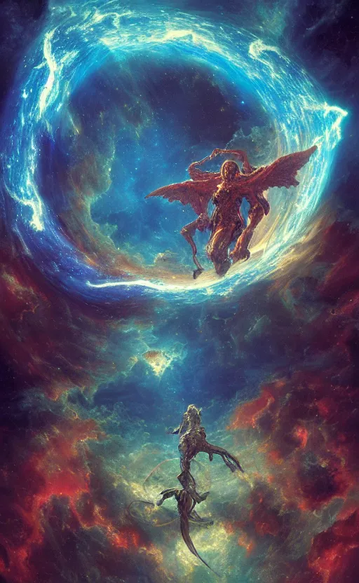 Image similar to demons and angels flying into a nebula portal in the sky, detailed, vivid colors, masterpiece painting, octane render, volumetric lighting, cinematic, by gustave dore, by michelangelo, by h. r. giger