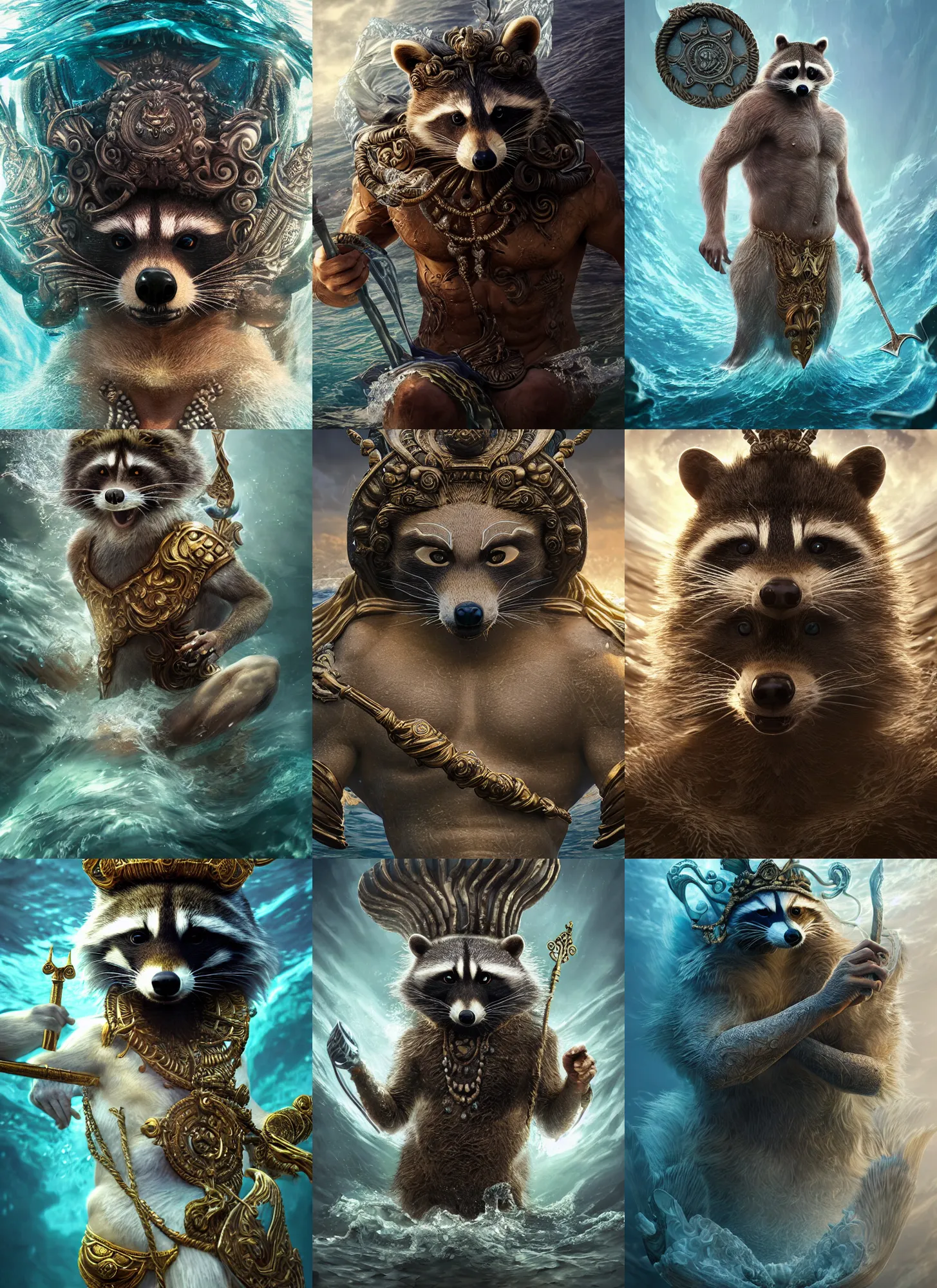 Prompt: intricate rendered portrait of a racoon as poseidon the greek god of the sea with ornate trident, intricate detail, volumetric lighting, epic composition, hyper detailed, ultra realistic, sharp focus, octane render, volumetric, ray tracing, artstation trending, cgsociety, sense of awe, 4 k