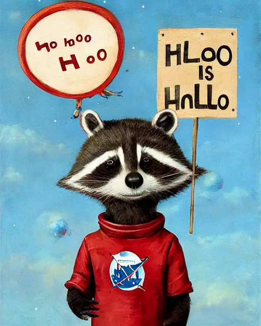 Image similar to astronaut racoon holding a sign that says hello by esao andrews