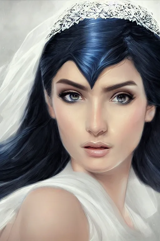 Image similar to Ameera al-Taweel, blue eyes, long wavy black hair, , white veil, closeup, focus face, elegant, highly detailed, centered, digital painting, artstation, concept art, art by artgerm