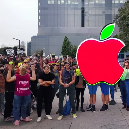 Prompt: rainbow apple logo monolith surrounded by a mob of torch lit protestors