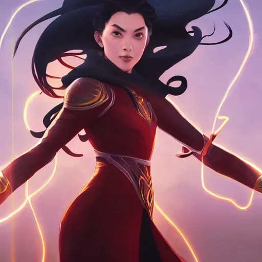 Image similar to Azula bending lightning, highly detailed, digital painting, artstation, concept art, sharp focus, illustration, cinematic lighting, art by artgerm and greg rutkowski and alphonse mucha