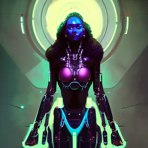 Image similar to a portrait of Adhel Bol as a beautiful cybernetic techno queen, black woman, cyberpunk concept art by pete mohrbacher and wlop and artgerm josan gonzalez and syd mead, digital art, highly detailed, intricate, sci-fi, sharp focus, Trending on Artstation