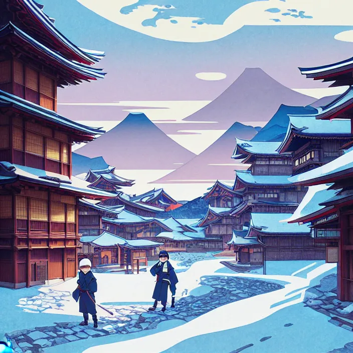 Image similar to empty japanese mountain city, winter, in the style of studio ghibli, j. c. leyendecker, greg rutkowski, artem