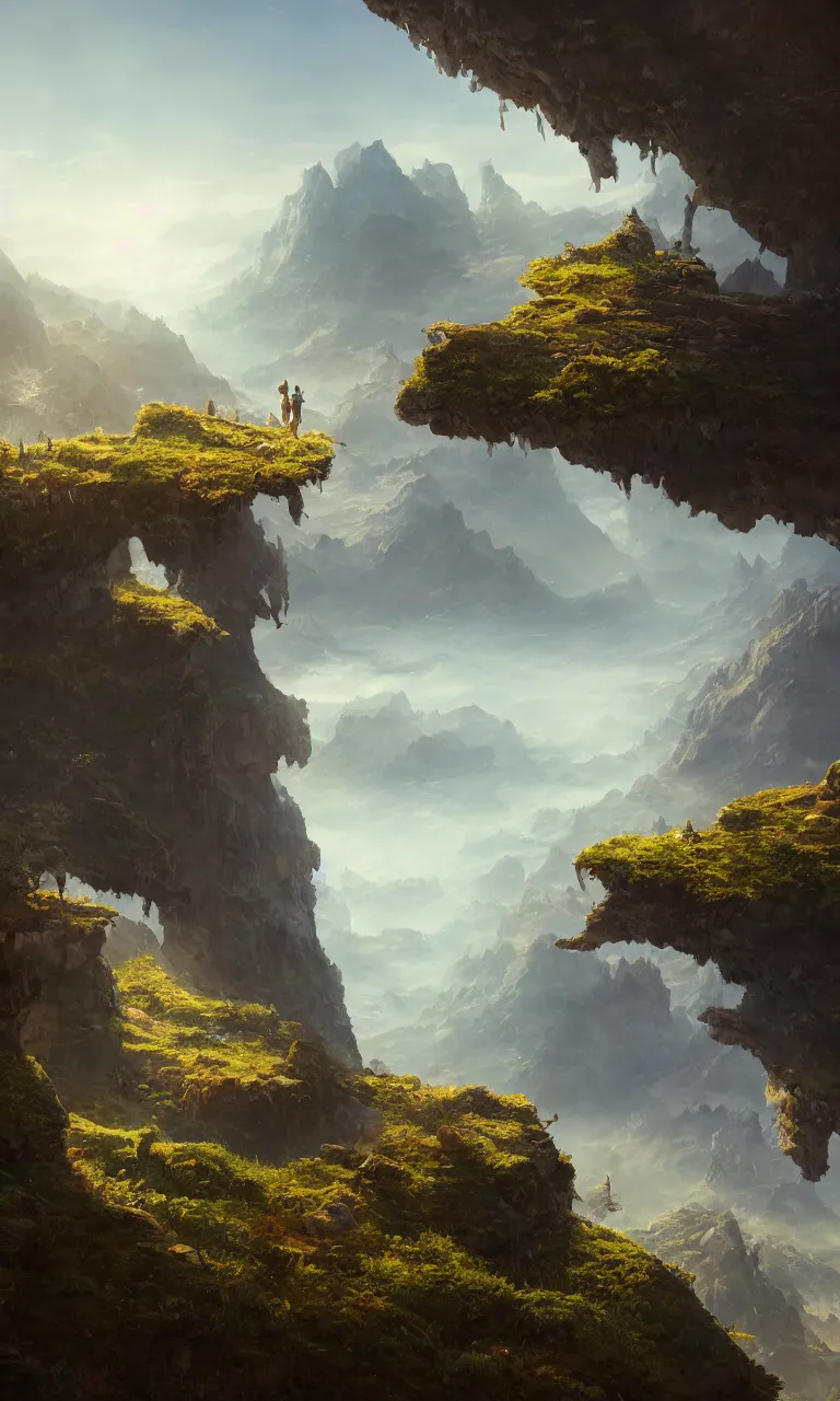 Image similar to an oil art close - up centered view from a cliff looking out to a fantasy mountain landscape, 4 k, ultra detail, volumetric lighting, unreal engine, octane render, tom bagshaw, andreas rocha