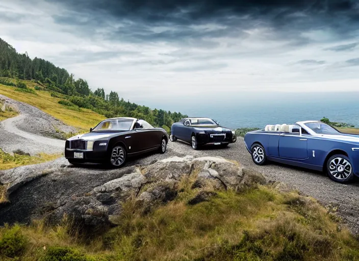 Prompt: hyper realistic ultra realistic photograph of a rolls royce fleet driving off a cliff, wide angle, highly detailed, 8k photograph