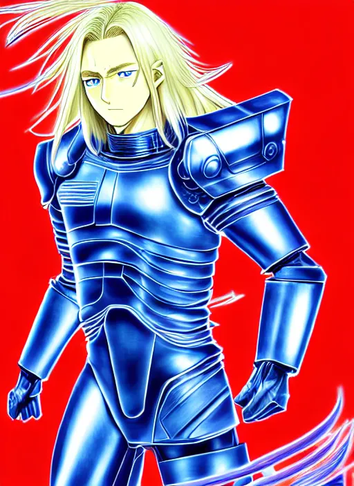 Prompt: a detailed manga full body portrait illustration of a man with long blonde hair and blue eyes wearing a sci - fi battle suit by hirohiko araki, detailed artwork, realism, 4 k resolution, detailed, high quality, sharp focus, hq artwork, insane detail, volumetric lighting, character concept art, fine details, clear subject, central subject