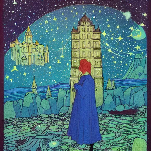 Image similar to stone castle, starry sky detailed ivan bilibin and edmund dulac and ilya kuvshinov and katsuhiro otomo inspired print