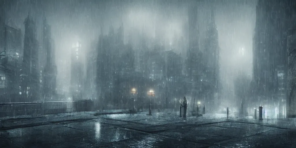 Image similar to a cold and melancholic city in a dark cavern, rainy and gloomy atmosphere, viewed from afar, fantasy digital art, octane render, beautiful composition, trending on artstation, award - winning photograph, masterpiece