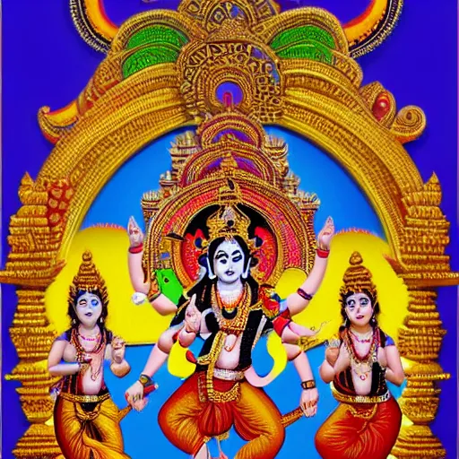 Image similar to Lord of the Dance (Nataraja), Hindu art, Hinduism. Deities surrounding Nataraja in a Hindu Temple, rich colors, 8K Ultra HD