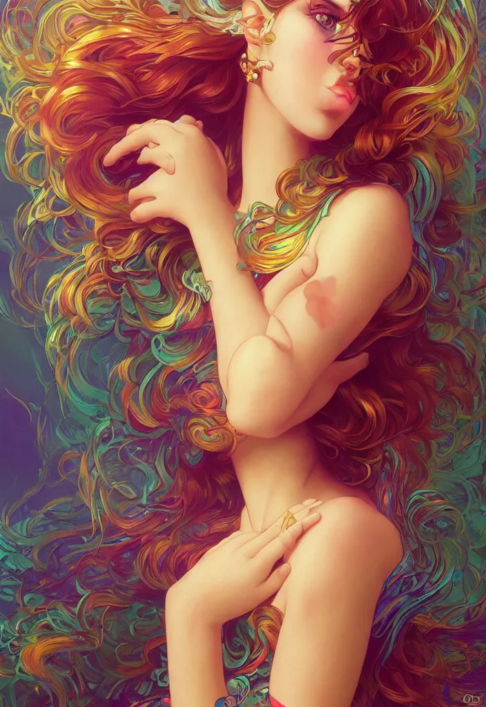 Image similar to beautiful, young woman, magical, detailed gorgeous face, vaporwave aesthetic, synthwave, colorful, psychedelic, artstation, concept art, smooth, extremely sharp detail, finely tuned detail, ultra high definition, 8 k, unreal engine 5, ultra sharp focus, illustration, art by artgerm, greg rutkowski and alphonse mucha