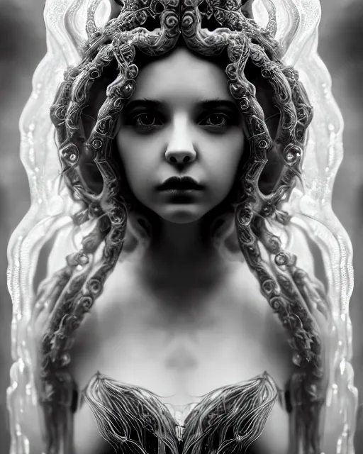 Image similar to mythical dreamy underwater artistic black and white photo of a translucent beautiful young female angelic - medusa - vegetal - doll, highly detailed, intricate crystal ivy jelly ornate, poetic, translucent algae ornate, digital art, octane render, 8 k artistic photography, photo - realistic, hg giger flora borsi