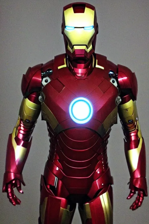 Prompt: iron man cosplay, creepy, disturbing, bloody, darkness, grainy