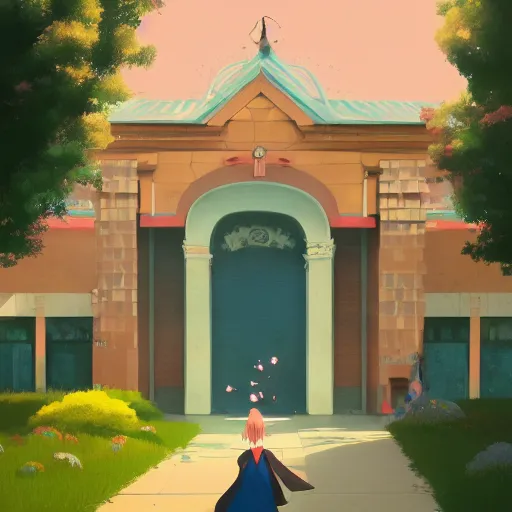 Image similar to a beautiful picture of the entrance of an high school, art by masaaki yuasa, and greg rutkowski, trending on artstation