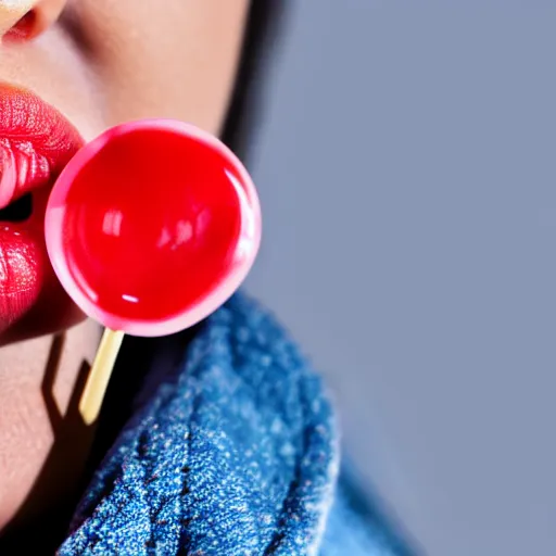 Prompt: Close-up photo of a woman's mouth sucking on a bright red cherry lollipop, tilted perspective, rule of thirds, depth of field, realistic, 8k 64 megapixel