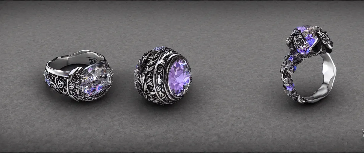 Image similar to magic crystal ring, fire, stone, crystal, engravings, diamonds, art by gerald brom, greg rutkowski, photo realism, unreal engine, c 4 d