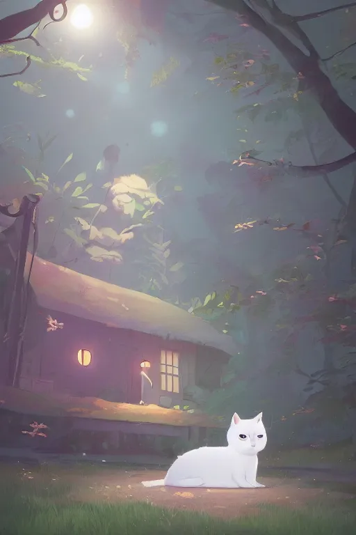 Prompt: a moment of pure bliss, the white cat in front of the small house in the forest, cory loftis, james gilleard, atey ghailan, goro fujita, character art, exquisite lighting, clear focus, very coherent, plain background, dramatic painting