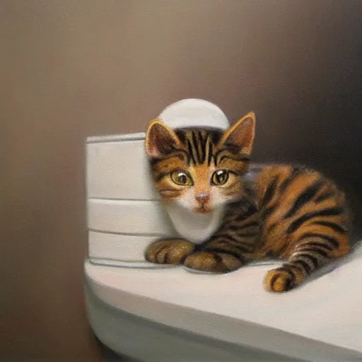Prompt: highly realistic painting of a little cat alone on a big stage in grand theatre