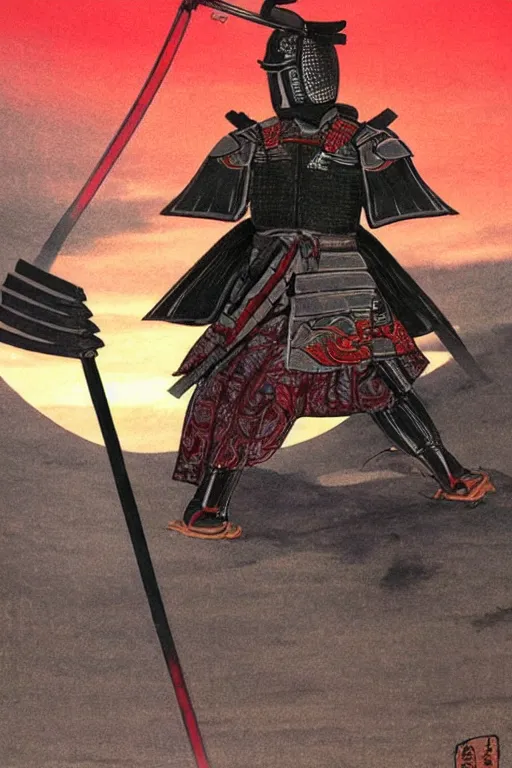 Image similar to a godlike and indomitable helmeted samurai wielding their Odachi before a large Torii gate, the very very very bright rising sun in the background. Photo realistic. Award winning