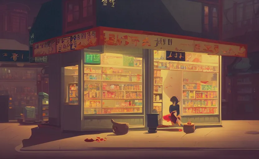 Image similar to an asian convenience store mythical magical scene illustration by atey ghailan and escher and edward hopper