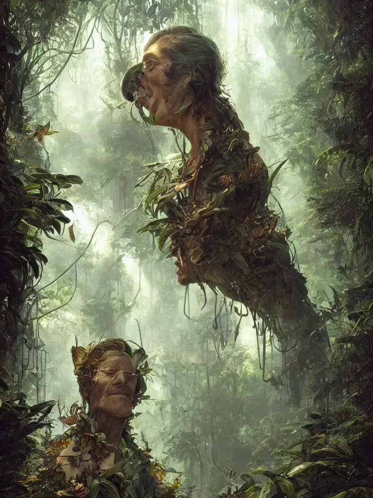 Prompt: a hyperrealistic solarpunk portrait of a Willem Dafoe lookalike, in a steaming jungle with fractal sunlight, award-winning, masterpiece, in the style of Tom Bagshaw, Cedric Peyravernay, Peter Mohrbacher