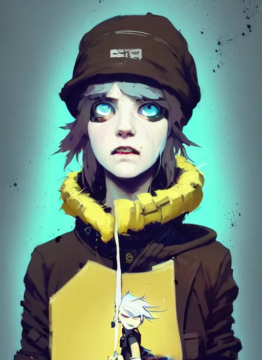 Image similar to highly detailed portrait of a sewer punk lady student, blue eyes, tartan hoody, hat, white hair by atey ghailan, by greg rutkowski, by greg tocchini, by james gilleard, by joe fenton, by kaethe butcher, gradient yellow, black, brown and cyan color scheme, grunge aesthetic!!! ( ( graffiti tag wall background ) )