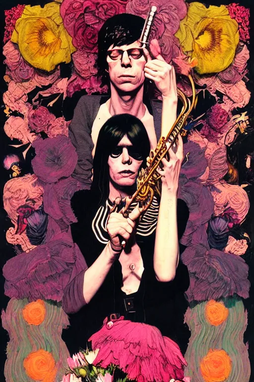 Prompt: the velvet underground and nico playing live on stage at a night club, beautiful stage decoration with flowers in the background, painting by james jean and norman rockwell, very detailed and colorful and toned down and ornamental and moody and cool and relaxed and high on drugs, trending on artstation, behance contest winner