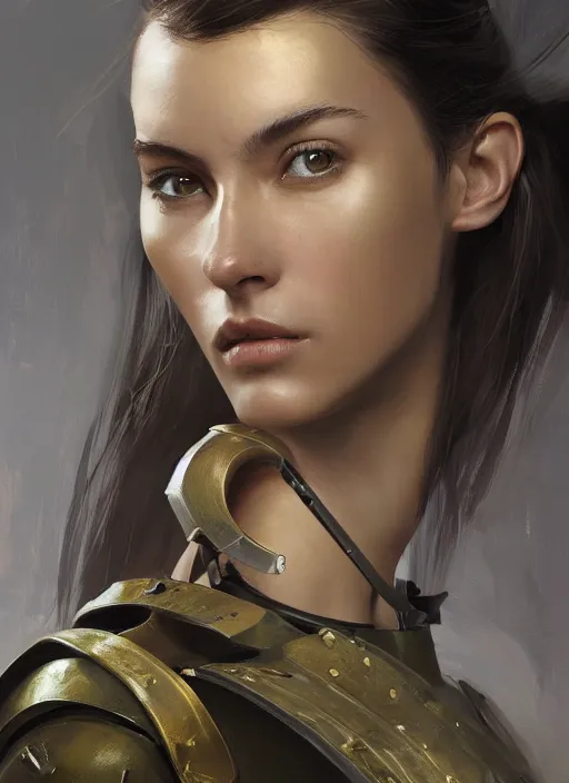 Image similar to a professional painting of a beautiful young female, clothed in military armor, olive skin, long dark hair, beautiful bone structure, symmetrical facial features, intricate, elegant, digital painting, concept art, smooth, sharp focus, illustration, from Metal Gear, by Ruan Jia and Mandy Jurgens and Artgerm and William-Adolphe Bouguerea