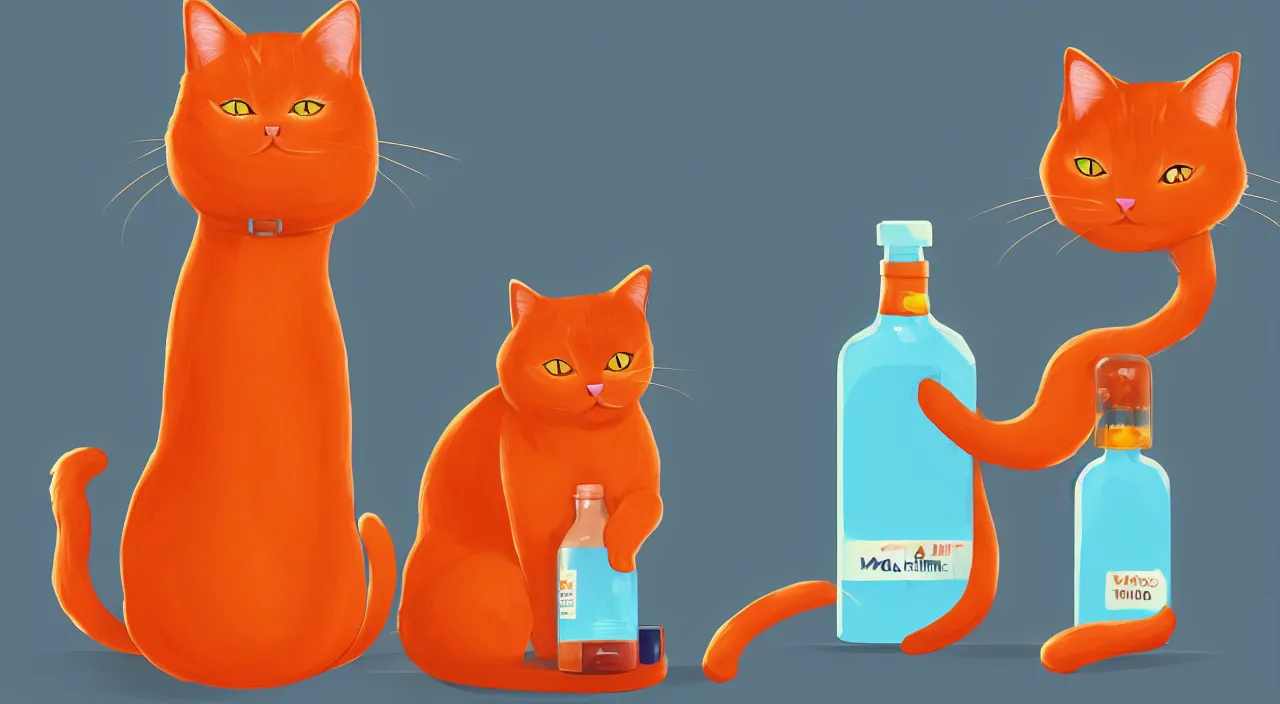 Image similar to a cat standing next to a bottle of medicine. orange cat. animal. digital art. artstation. illustration.