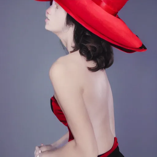 Prompt: beauty photographic portrait of half - length portrait of stunning girl in a red hat and black dress, kodak portra 4 0 0, 8 k, soft light, volumetric lighting, highly detailed,,