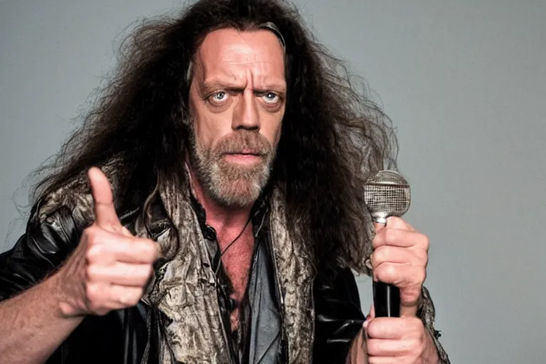 Image similar to promotional image of hugh laurie as an 80's heavy metal singer in a new movie, long curly hair, detailed face, movie still frame, promotional image, imax 70 mm footage