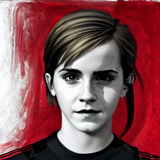 Image similar to emma watson as a lokomotiv football player, face portrait, hyper realistic, highly detailed