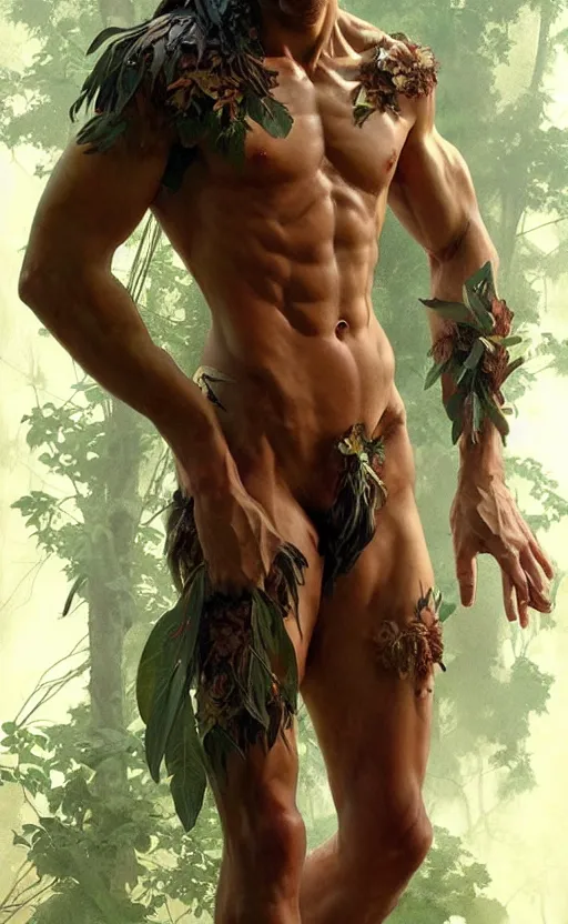 Prompt: young god of the forest, male, gorgeous, detailed face, anatomically correct hands!!!!!!, amazing, thighs!!!!!!, muscular, intricate, highly detailed, digital painting, artstation, concept art, sharp focus, illustration, art by greg rutkowski and alphonse mucha