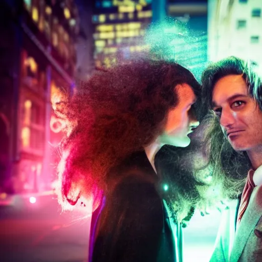 Image similar to closeup of face, steam punk, dramatic neon lighting, F1.5, hair being blown around, city behind them