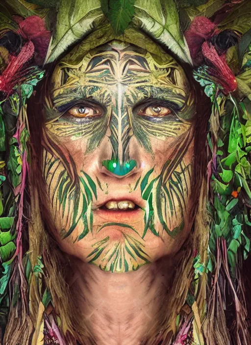 Image similar to a beautiful painted portrait of an old female shaman in the jungle surrounded by leaves and plants, tribal face paintings, shamanism, matte painting, fantasy art