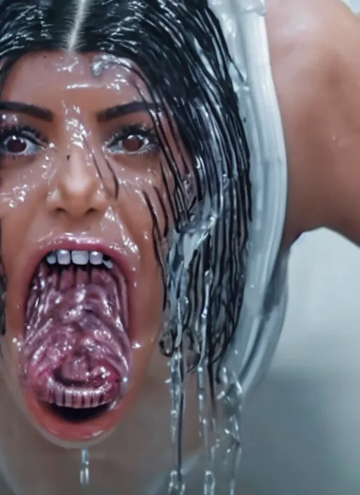 Image similar to film still of kim kardashian being ingested by an xenomorph, alien goo, transparent goo, transparent liquid, saliva, 8 k