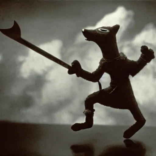 Prompt: anthropomorphic fox multi-jointed puppet who is a medieval knight holding a sword towards a stormy thundercloud, 1930s film still