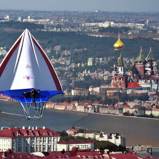 Prompt: Valery Leontiev flies a hang glider past the Kremlin