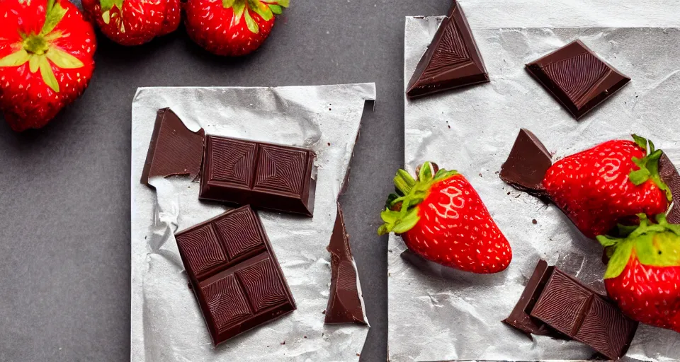 Image similar to A gourmet dark chocolate bar with a piece broken off, on an opened silver wrapper, next to sliced strawberries, on a wooden tray, macro lens product photo