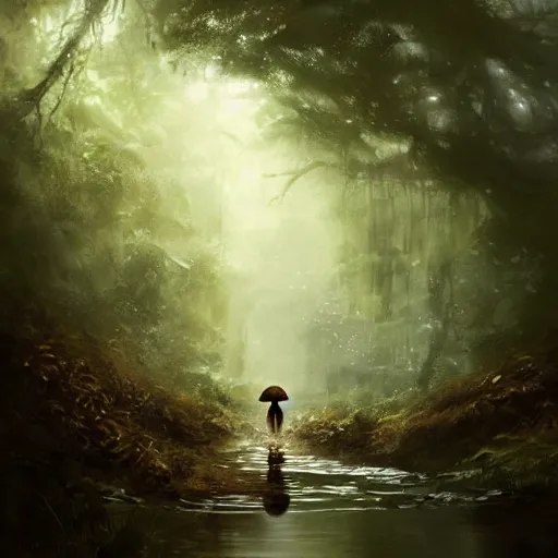 Image similar to a tiny mushroom person with a mushroom for a head walking by a stream in a lush forest, dramatic lighting, illustration by Greg rutkowski, yoji shinkawa, 4k, digital art, concept art, trending on artstation