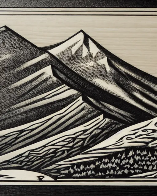 Prompt: an award winning Wood engraving on paper of Canadian mountains