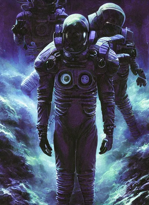 Prompt: astronauts in dark void underwater - complex and hyperdetailed technical suit design. reflection and dispersion materials. rays and dispersion of light. volumetric light. f / 3 2. noise film photo. flash photography. ultra realistic, 5 0 mm. poster by wayne barlowe, hajime sorayama aaron horkey, craig mullins