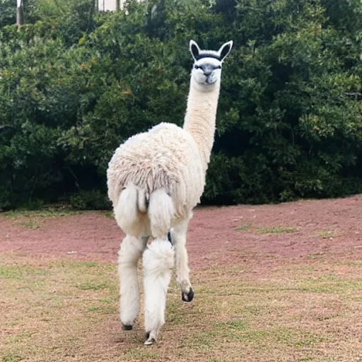 Prompt: a llama walking away from the camera, back view