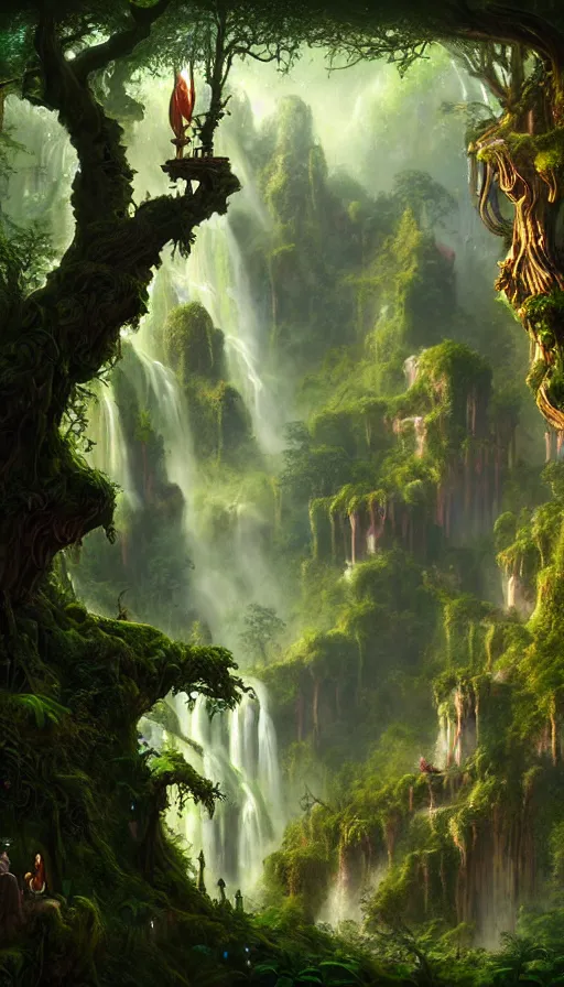 Image similar to fairy palace, castle towers, waterfall of gold and gems, gnarly trees, lush vegetation, forest landscape, painted by tom bagshaw, raphael lacoste, eddie mendoza, alex ross concept art matte painting