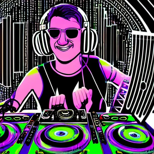 Prompt: detailed artwork of a hardcore music dj at an stage festival rave in the style of Sandra Pelser, headphones, sunglasses, stage speakers