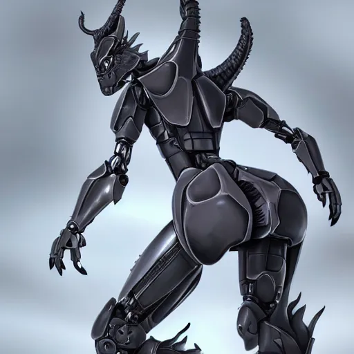 Image similar to stunning cinematic elegant back end shot with an upward angle, of a beautiful hot anthropomorphic robot female dragon, well designed highly detailed cute female dragon head with slick eyes, looking back at the camera with a smirk, well armored, detailed claws, high quality, HD octane render, fantasy, furry art, Artstation, Deviantart, Furaffinity